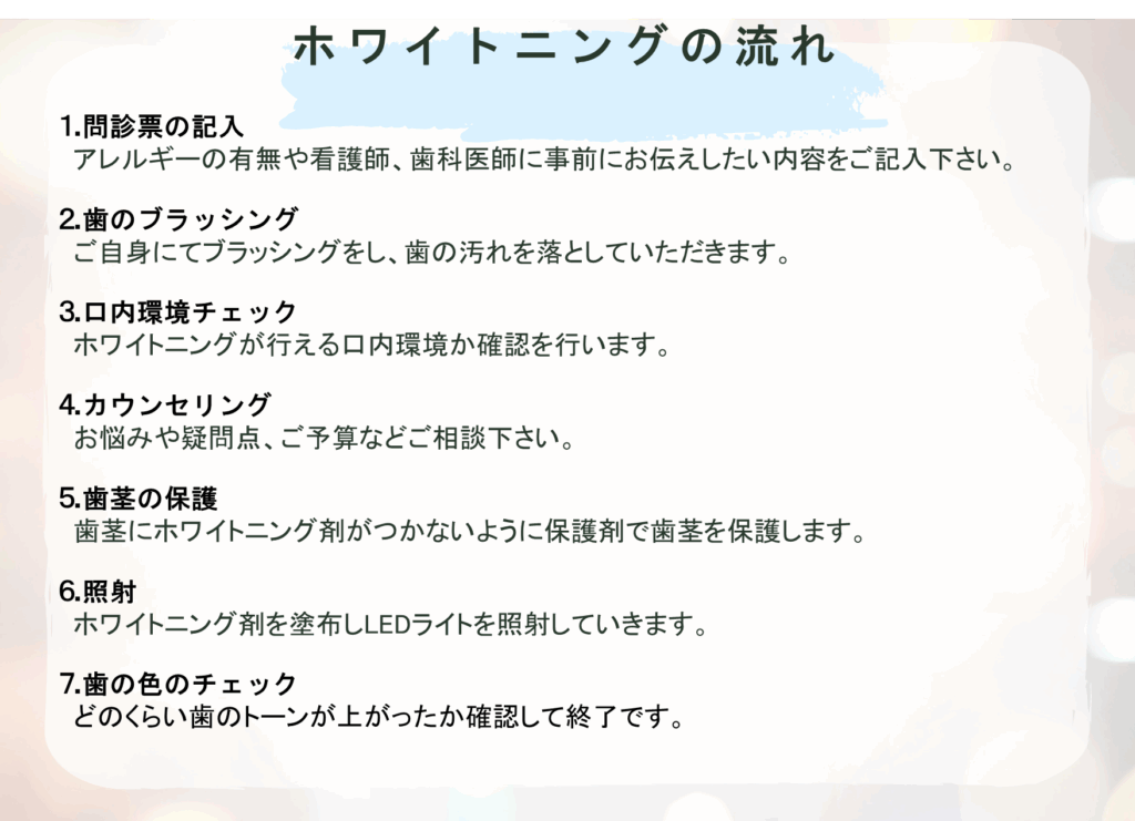 ホワイトニングの流れ
⒈問診票の記入
　アレルギーの有無や看護師、歯科医師に事前にお伝えしたい内容をご記入下さい。  ⒉歯のブラッシング
　ご自身にてブラッシングをし、歯の汚れを落としていただきます。  ⒊口内環境チェック
　ホワイトニングが行える口内環境か確認を行います。  ⒋カウンセリング
　お悩みや疑問点、ご予算などご相談下さい。  ⒌歯茎の保護
　歯茎にホワイトニング剤がつかないように保護剤で歯茎を保護します。  ⒍照射
　ホワイトニング剤を塗布しLEDライトを照射していきます。  ⒎歯の色のチェック
　どのくらい歯のトーンが上がったか確認して終了です。
