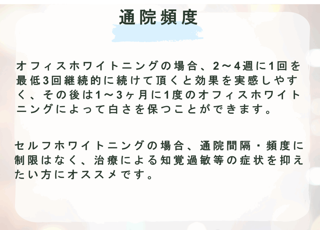 通院頻度
オフィスホワイトニングの場合、2〜4週に1回を最低3回継続的に続けて頂くと効果を実感しやすく、その後は1〜3ヶ月に1度のオフィスホワイトニングによって白さを保つことができます。
セルフホワイトニングの場合、通院間隔・頻度に
制限はなく、治療による知覚過敏等の症状を抑えたい方にオススメです。
